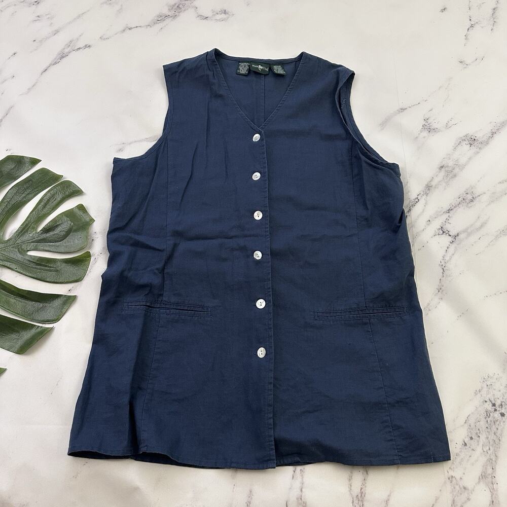 Hunt Club Womens Vintage 90s Vest Top Size M Navy Blue Linen Cotton Long